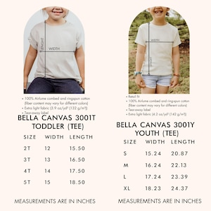 May include: Size chart for Bella Canvas 3001T Toddler and 3001Y Youth t-shirts. The chart shows the width and length measurements in inches for each size, from 2T to 5T for toddlers and S to XL for youth.