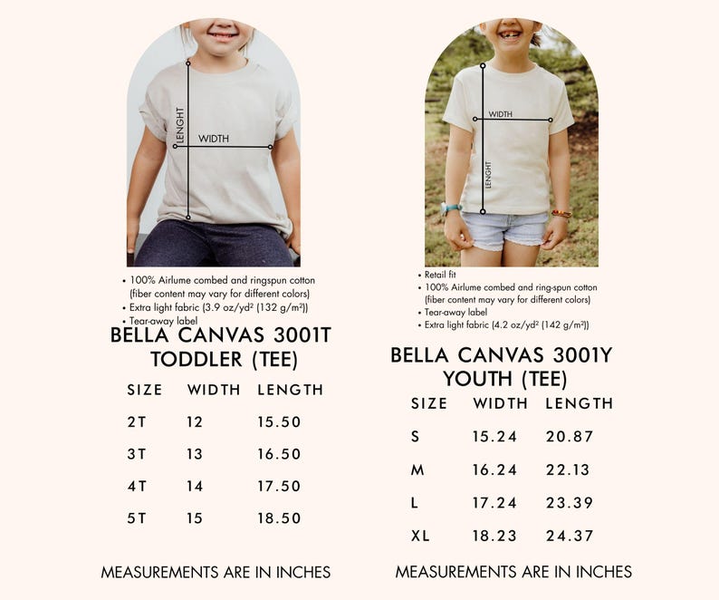 May include: Size chart for Bella Canvas 3001T Toddler and 3001Y Youth t-shirts. The chart shows the width and length measurements in inches for each size, from 2T to 5T for toddlers and S to XL for youth.