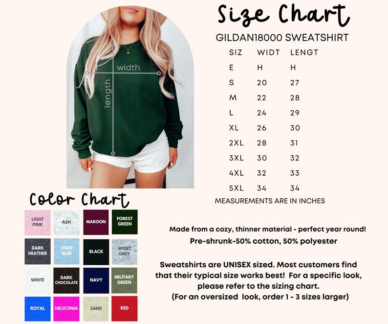 Pode incluir: Tabela de tamanhos para uma camisola Gildan 18000, mostrando as medidas em polegadas para os tamanhos do extra pequeno ao 5XL. Tabela de cores com 12 op&ccedil;&otilde;es de cores diferentes para a camisola.