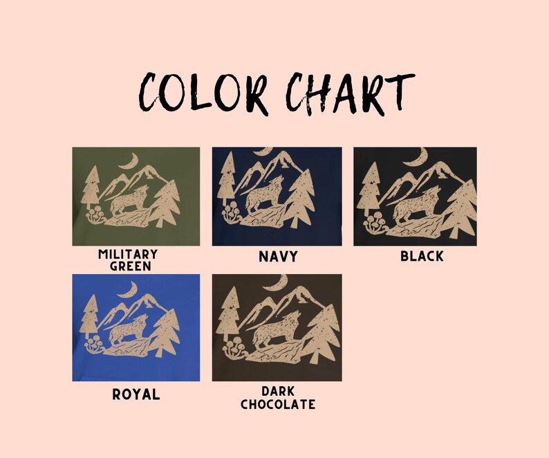 Puede incluir: Carta de colores que muestra cinco colores de camiseta diferentes con un gr&aacute;fico de un lobo aullando a la luna en una escena de bosque. Los colores son verde militar, azul marino, negro, azul real y chocolate negro.