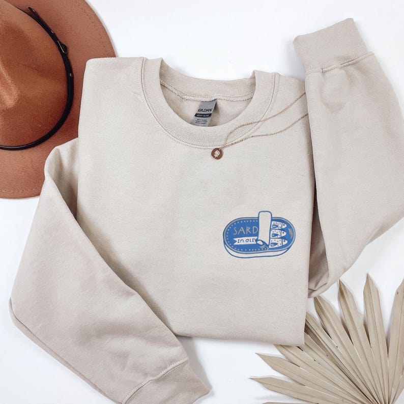 Embroidered Sardine Sweatshirt, Fish Crewneck, Vintage Sardine Coastal Fisherman Aesthetic Top, Preppy Retro European, Foodie Travel Sweater Sand