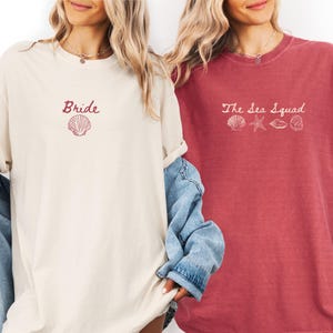 Custom Beach Bach Party Shirt, Comfort Colors Coastal Bride Tee, Seashells Wedding Bells, Sea Squad Bridal Party Gift Crimson