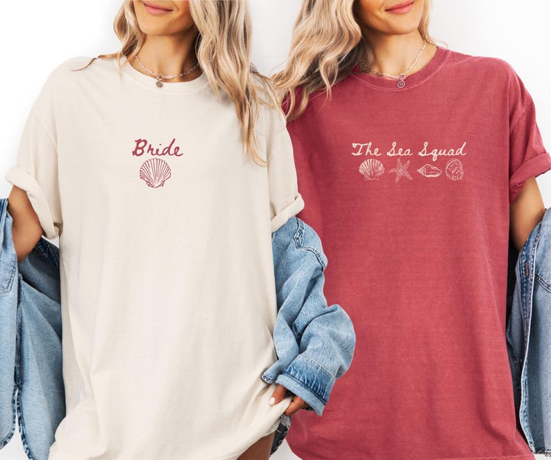 Custom Beach Bach Party Shirt, Comfort Colors Coastal Bride Tee, Seashells Wedding Bells, Sea Squad Bridal Party Gift Crimson
