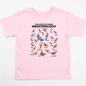 May include: Pink t-shirt featuring a graphic of various birds and the text "THE STUDY OF BIRDS ORNITHOLOGY".