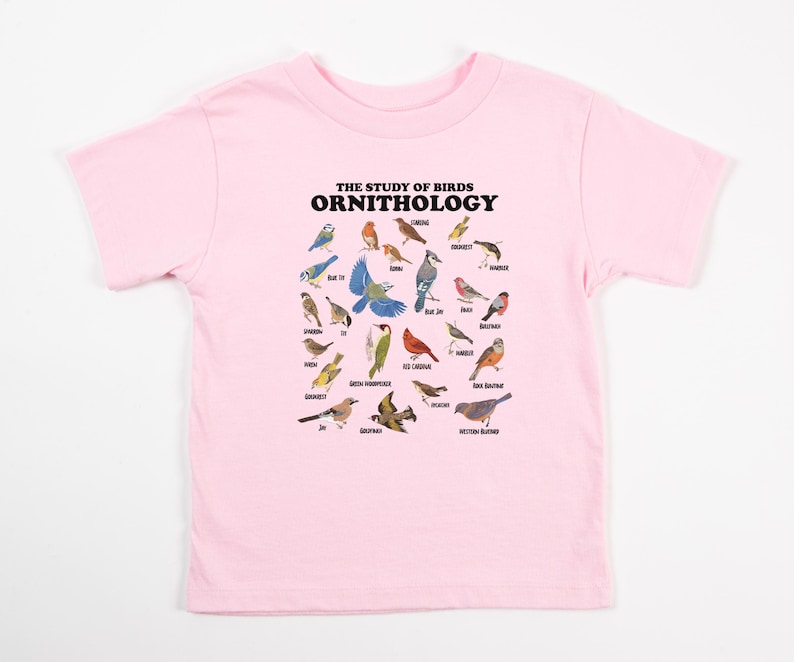May include: Pink t-shirt featuring a graphic of various birds and the text "THE STUDY OF BIRDS ORNITHOLOGY".