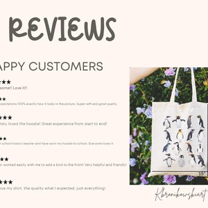 May include: A cream-colored tote bag featuring a penguin illustration. The bag is 15 inches wide and 16 inches tall. The image also includes customer reviews and the text "REVIEWS" and "HAPPY CUSTOMERS".