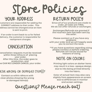 May include: Store policies for an online shop, outlining customer responsibilities for addresses, order cancellations, returns, and damaged items. The text also includes information about color variations in printed items.