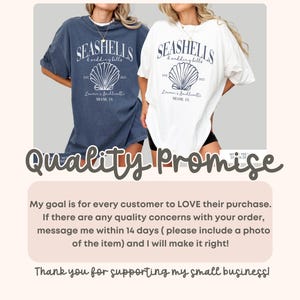 May include: Two oversized t-shirts with a seashell and the text "Seashells & Wedding Bells" and "L's Bachelorette Miami, FL". The t-shirts are in blue and white.