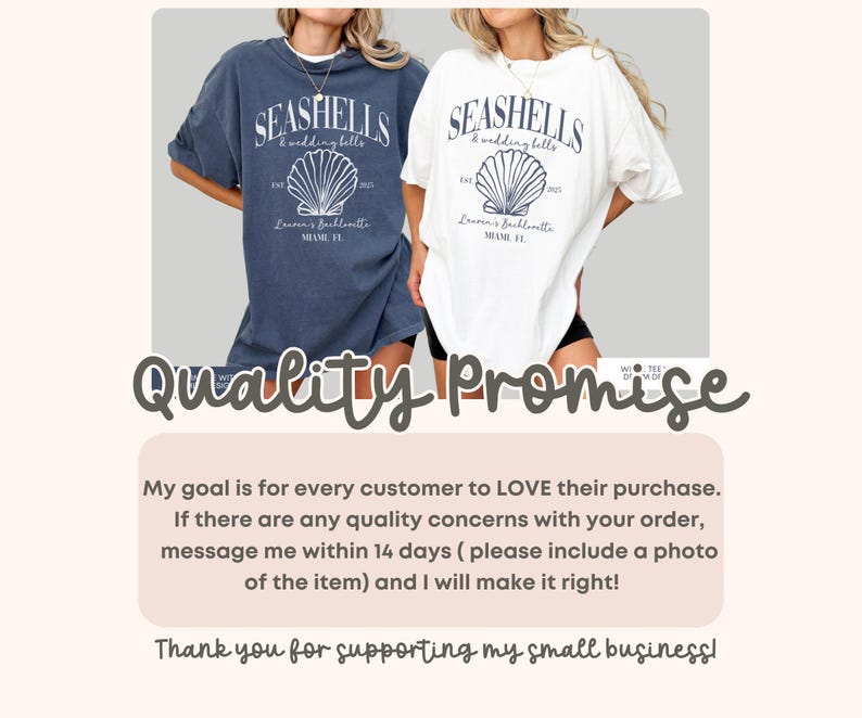May include: Two oversized t-shirts with a seashell and the text "Seashells & Wedding Bells" and "L's Bachelorette Miami, FL". The t-shirts are in blue and white.