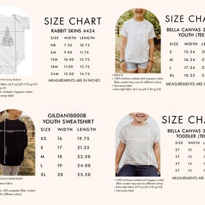 K&ouml;nnte beinhalten: Gr&ouml;&szlig;entabellen f&uuml;r Kinderbekleidung, einschlie&szlig;lich der Marken Rabbit Skins, Bella Canvas und Gildan. Die Tabellen zeigen Breiten- und L&auml;ngenma&szlig;e in Zoll f&uuml;r T-Shirts, Bodysuits und Sweatshirts. Ma&szlig;e sind in Zoll.