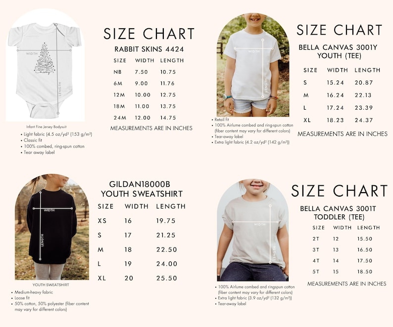 K&ouml;nnte beinhalten: Gr&ouml;&szlig;entabellen f&uuml;r Kinderbekleidung, einschlie&szlig;lich der Marken Rabbit Skins, Bella Canvas und Gildan. Die Tabellen zeigen Breiten- und L&auml;ngenma&szlig;e in Zoll f&uuml;r T-Shirts, Bodysuits und Sweatshirts. Ma&szlig;e sind in Zoll.