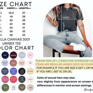 K&ouml;nnte beinhalten: Gr&ouml;&szlig;entabelle f&uuml;r ein Bella Canvas 3001 Unisex-T-Shirt mit Brust- und L&auml;ngenma&szlig;en in Zoll. Die Farbkarte zeigt verschiedene Heather- und Unifarben. Das Bild zeigt auch eine Person, die ein graues T-Shirt und Jeans tr&auml;gt.