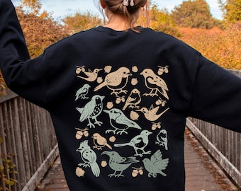 Preppy Indie Bird Sweatshirt, Aesthetic Women's baggy Style Crewneck ,Indie Vintage Bird Pattern On Back Hoodie, Bird Nature Lover  Gift