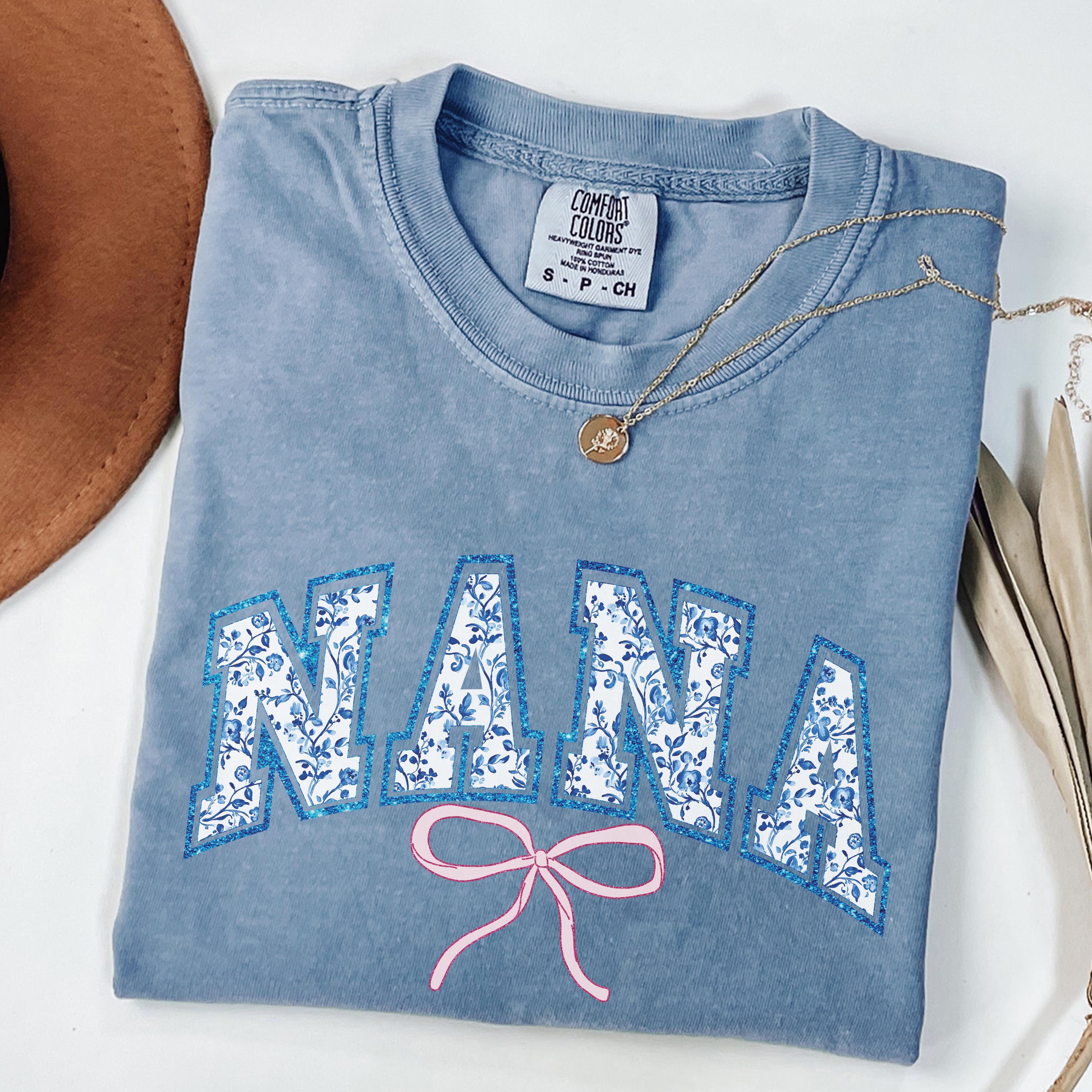 Comfort Colors® Nana Shirt, Blue Ribbon Shirt, Mothers Day Gift, Floral Nana Gift For Mom, Cute Mom Shirt, New Grandma Tee Chinoiserie Shirt