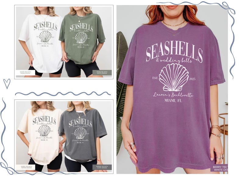 May include: Four oversized t-shirts with a seashell graphic and the text "Seashells & Wedding Bells" in white. The shirts are in white, green, purple, and gray.