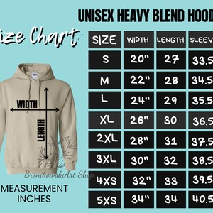 Puede incluir: Tabla de tallas para una sudadera con capucha unisex de mezcla pesada. La tabla muestra el ancho, la longitud y la longitud de la manga en pulgadas para las tallas S a 5XS.