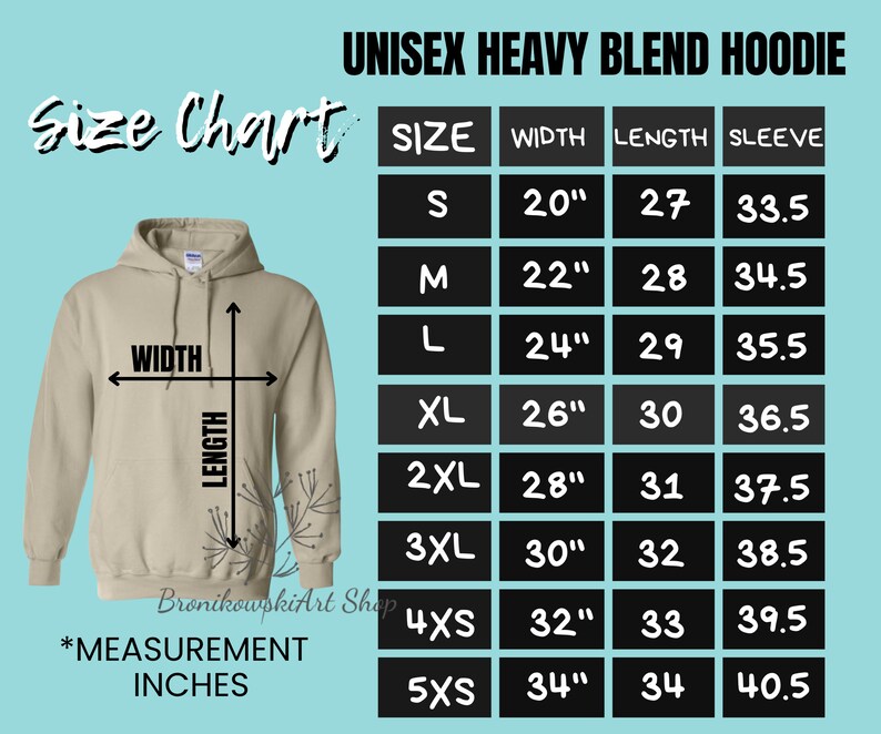 Puede incluir: Tabla de tallas para una sudadera con capucha unisex de mezcla pesada. La tabla muestra el ancho, la longitud y la longitud de la manga en pulgadas para las tallas S a 5XS.