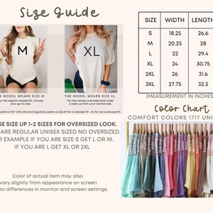 Pu&ograve; includere: Tabella delle taglie per t-shirt unisex con una modella che indossa una taglia M e una taglia XL. La tabella mostra la larghezza e la lunghezza in pollici per le taglie S, M, L, XL, 2XL e 3XL. La tabella include anche una tabella dei colori con 17 colori diversi.
