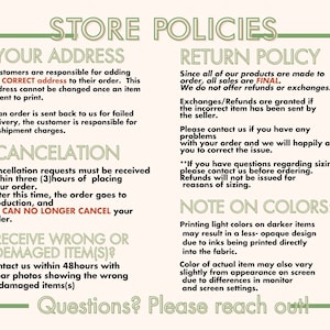 K&ouml;nnte beinhalten: Cremefarbene Grafik mit dem Text "STORE POLICIES" oben. Der Text beschreibt die Adress-, Stornierungs-, R&uuml;ckgabe- und Farbrichtlinien. Der Text ist in dunkler gr&uuml;ner Schrift mit einem hellgr&uuml;nen Rand.