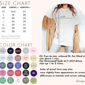 May include: Size chart for a unisex jersey short sleeve tee, showing chest and length measurements in inches for sizes XS to 3XL. Color chart with various heather and solid colors. Fit information: True to size, relaxed fit. For fitted style, size down 1 size. For oversized look or t-shirt dress, size up 1 to 2 sizes. Color of actual item may also vary slightly from appearance on screen due to differences in monitor and screen settings.