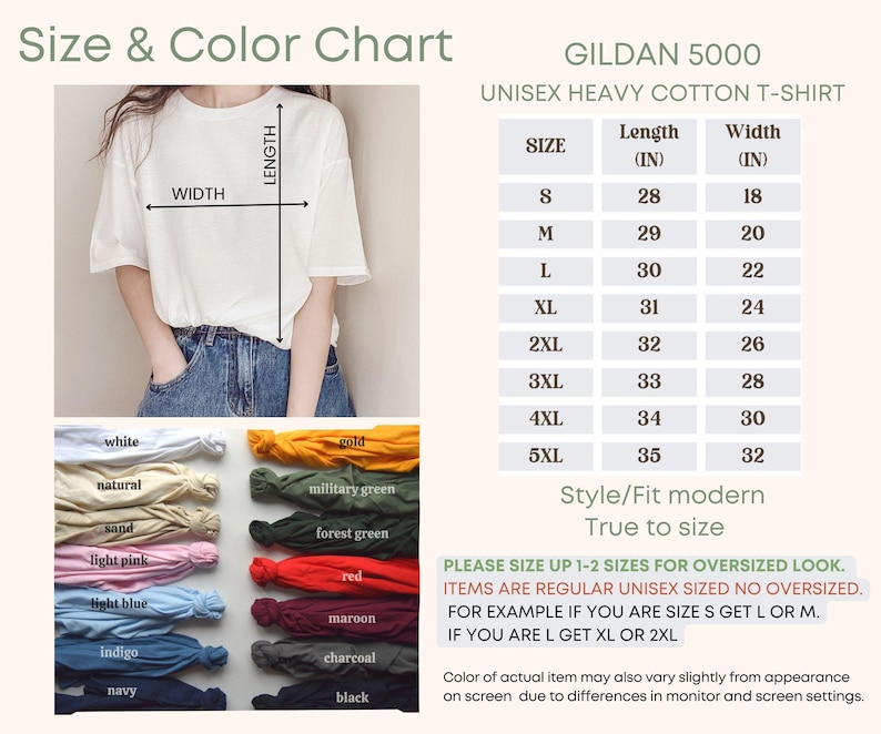 May include: Size and color chart for a Gildan 5000 unisex heavy cotton t-shirt. The chart shows the length and width in inches for sizes S through 5XL. The chart also includes a color swatch of 12 different colors, including white, gold, natural, military green, sand, forest green, light pink, red, light blue, maroon, indigo, charcoal, navy, and black.
