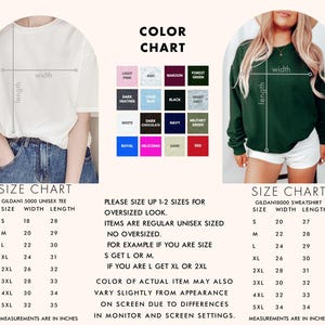 May include: Size chart for Gildan 5000 unisex tee and Gildan 18000 sweatshirt. The chart shows the width and length measurements in inches for sizes S through 5XL. The chart also includes a color chart with various colors for the tees and sweatshirts.
