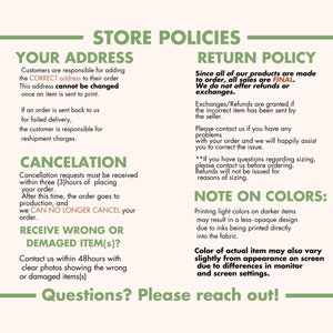 May include: Store policies for online orders.  The text includes information about shipping addresses, order cancellations, return policies, and color variations.  The text reads "Store Policies", "Your Address", "Return Policy", "Cancellation", "Receive Wrong or Damaged Item(s)?", and "Note on Colors".