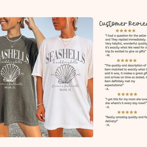 May include: Two white t-shirts with a seashell graphic and the text "Seashells & wedding bells" and "Lauren's Bachelorette Miami, FL".