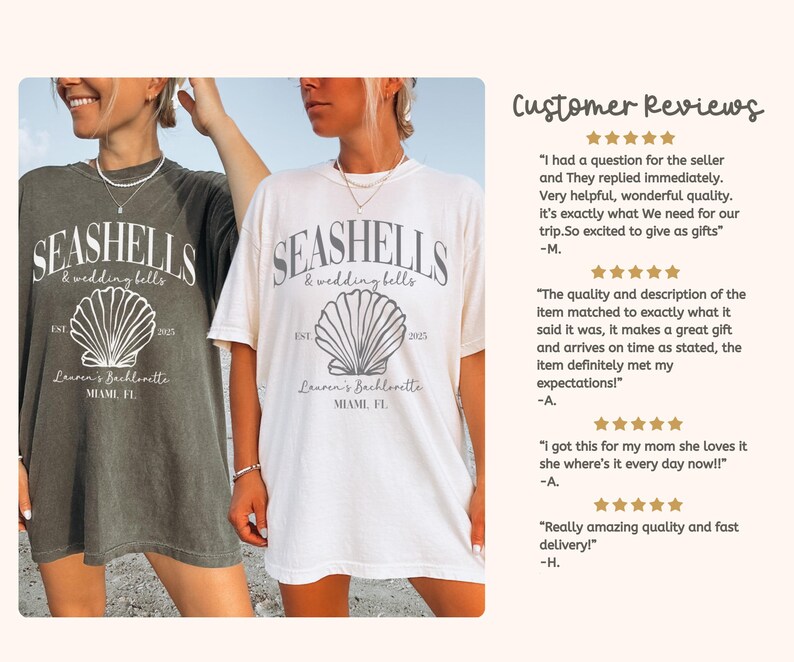 May include: Two white t-shirts with a seashell graphic and the text "Seashells & wedding bells" and "Lauren's Bachelorette Miami, FL".