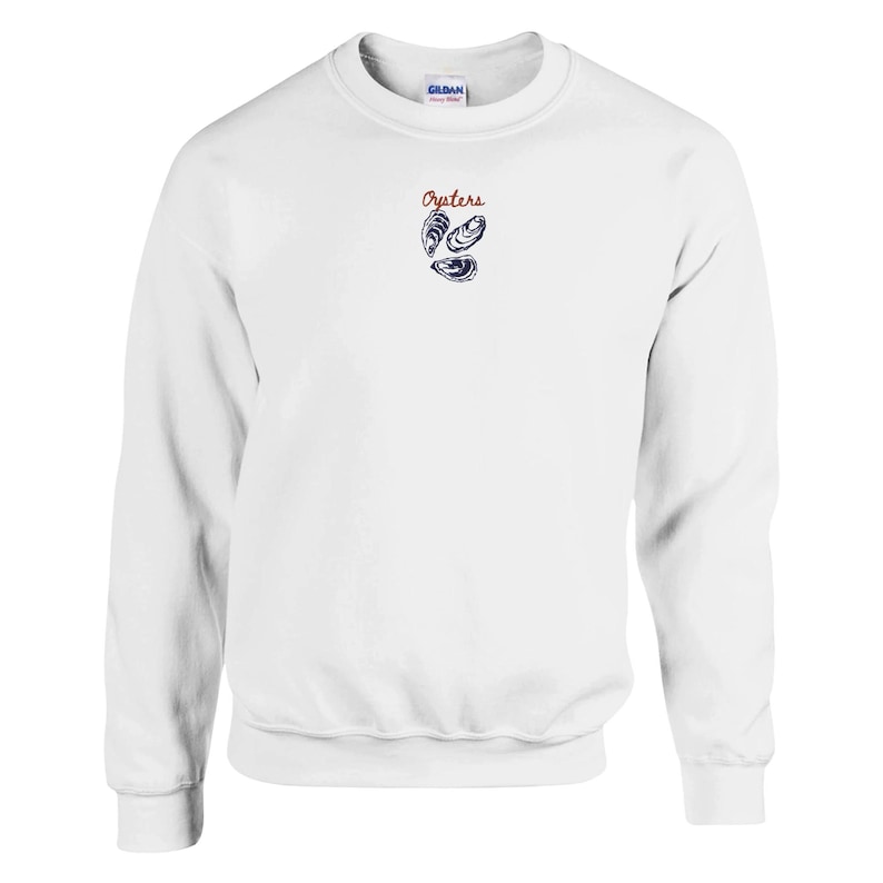 Sweat-shirt brodé huîtres, col rond huîtres, pull fruits de mer, chemise nourriture, pull fin gourmet, cadeau esthétique haut de gamme en coquillage pêcheur vintage White
