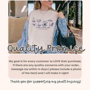 May include: A beige crewneck sweatshirt featuring a dark blue graphic print of a bikini, a cocktail, a pearl in a shell, a beach umbrella, and a lounge chair, with the text Seashells and Wedding Bells and Olivia's Bachelorette printed below.