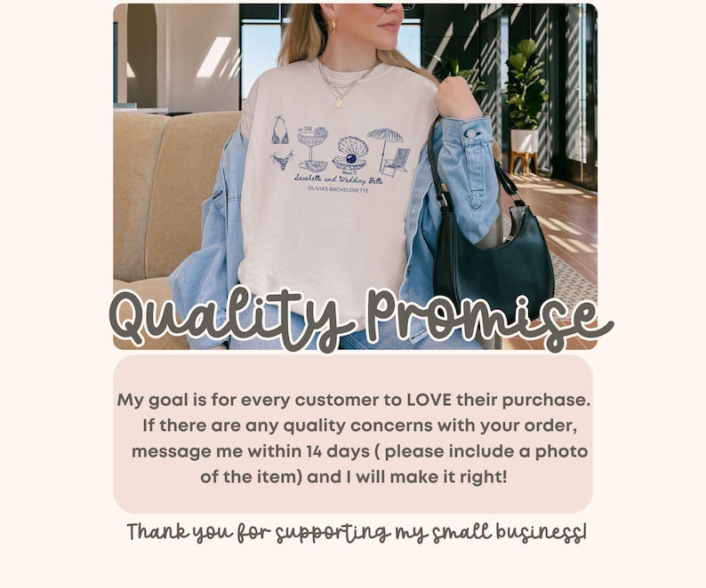 May include: A beige crewneck sweatshirt featuring a dark blue graphic print of a bikini, a cocktail, a pearl in a shell, a beach umbrella, and a lounge chair, with the text Seashells and Wedding Bells and Olivia's Bachelorette printed below.