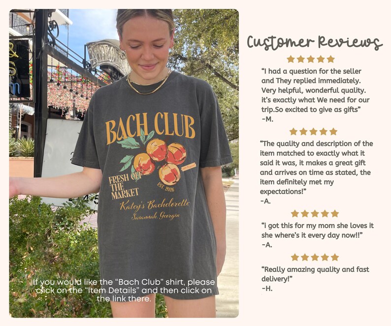 May include: Dark gray t-shirt with the text "BACH CLUB" in yellow and orange, featuring a fruit graphic. The shirt also includes the text "FRESH OFF THE MARKET" and "Katej's Bachelorette Savannah Georgia".