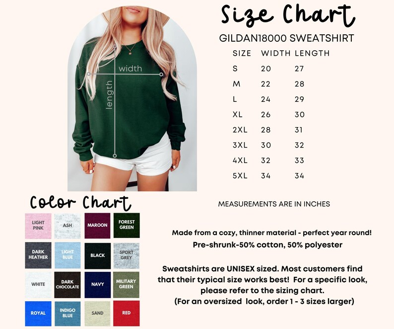 Peut inclure: Tableau des tailles pour un sweat-shirt Gildan 18000, indiquant les mesures de largeur et de longueur en pouces pour les tailles S &agrave; 5XL. Nuancier avec 12 &eacute;chantillons de couleurs, dont rose clair, gris cendr&eacute;, marron, vert for&ecirc;t, gris chin&eacute; fonc&eacute;, bleu clair, noir, gris sport, blanc, chocolat fonc&eacute;, marine, vert militaire, royal, bleu indigo, sable et rouge.