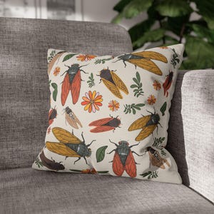 Cicada Pillow, Insect Lover Home Decor, Cottagecore Bug Cushion, Forestcore Square Pillowcase, Kids Room Nature Inspired Gift For Entomology