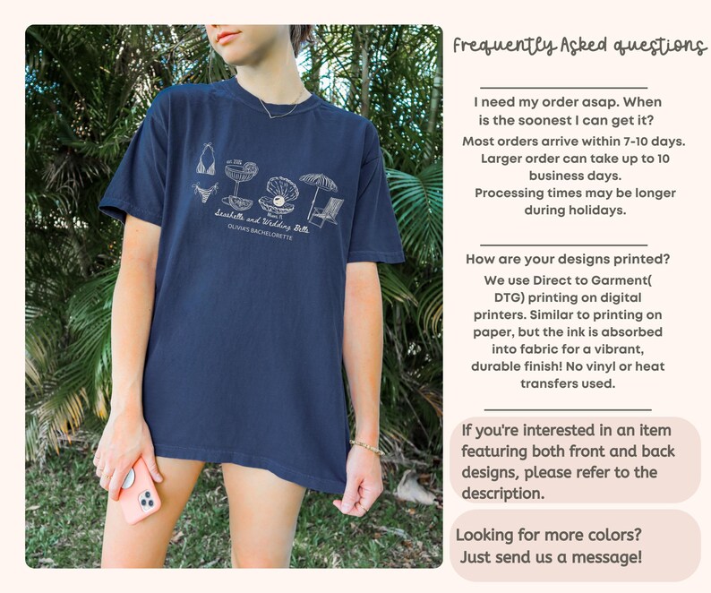 May include: A navy blue short-sleeve t-shirt featuring a white line-art graphic of a bikini, a cocktail, a pearl in an oyster shell, and a beach umbrella with a chair. The text reads Seashells and Wedding Bells and Olivia's Bachelorette.