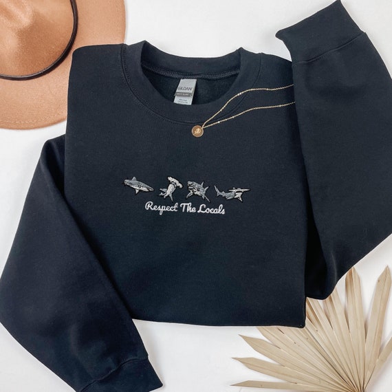 Embroidered Shark Sweatshirt For Shark Lover Gift Hammer Head Shark Embroidered Crewneck Respect The Locals Sweater Marine Biology Nature