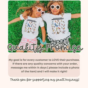 May include: Two children wearing white t-shirts with a graphic of birds and the text "The Study of Birds Ornithology". The children are sitting on a green grassy surface.