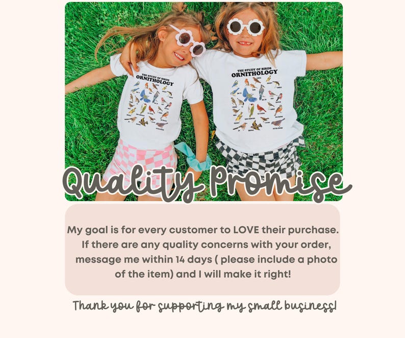 May include: Two children wearing white t-shirts with a graphic of birds and the text "The Study of Birds Ornithology". The children are sitting on a green grassy surface.