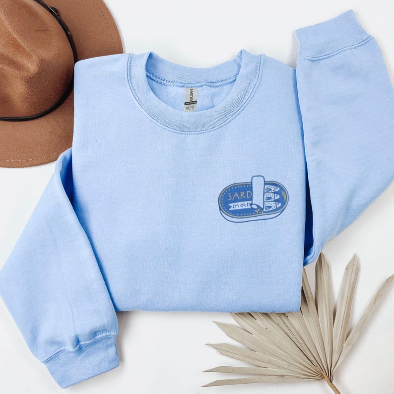 Embroidered Sardine Sweatshirt, Fish Crewneck, Vintage Sardine Coastal Fisherman Aesthetic Top, Preppy Retro European, Foodie Travel Sweater Light Blue