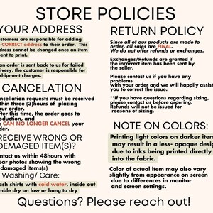 May include: Store policies for an online shop, including information about shipping, returns, cancellations, and color variations. The text includes phrases like "Correct Address", "Final Sale", "Cancellation Requests", "Receive Wrong or Damaged Item", "Note on Colors", and "Questions? Please reach out!"