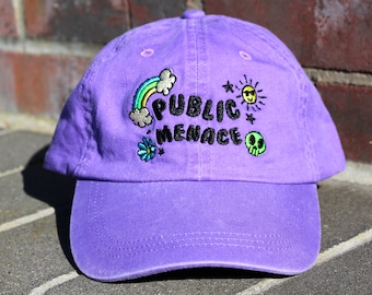 Public Menace Fuchsia Pink Hat | Embroidered Cap | Rainbow | Dad Cap | Embroidered Baseball Cap | Nature Hat | Quirky | Kitschy | Trend