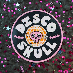 Funky Halloween Sticker | Disco Skull Glitter Sticker | Disco Ball | Mirror Ball | Bats | Spooky Vibes | Skeleton Sticker | Witchy Vibes