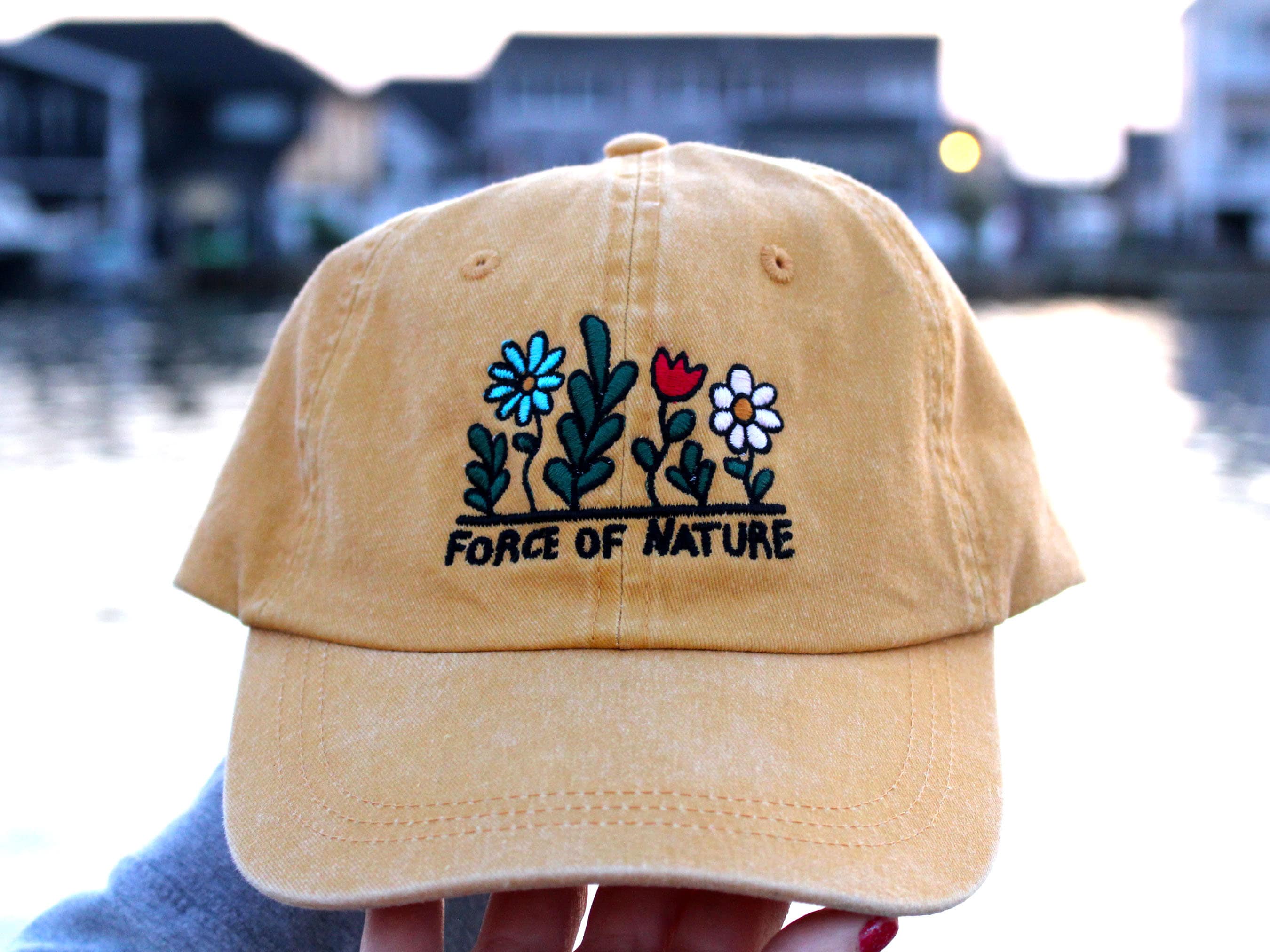 Force of Nature Yellow Hat | Wildflower Cap | Autumn Hat | Dad Cap | Floral Embroidered Baseball Cap | Nature Hat | Gardening Gift | Hiking