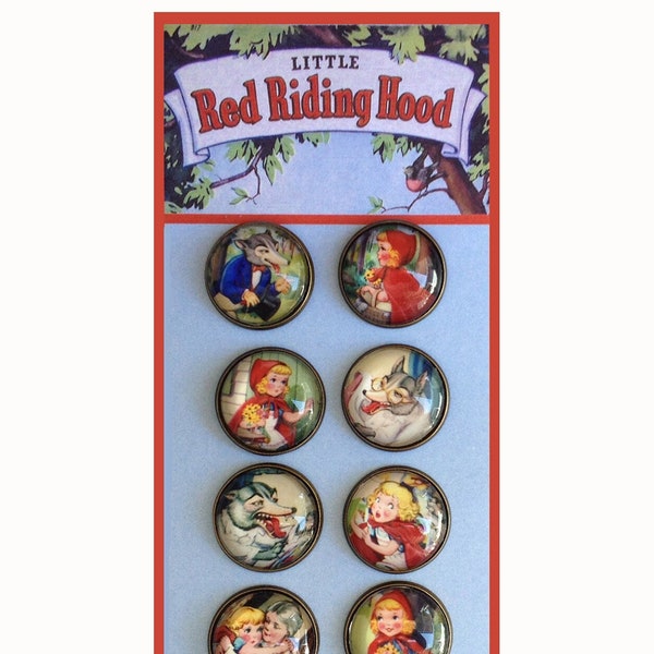 4 Different Designs Little Red Riding Hood GLASS DOME Studio BUTTON Vintage Fairy Tale Novelty Maud Humphrey