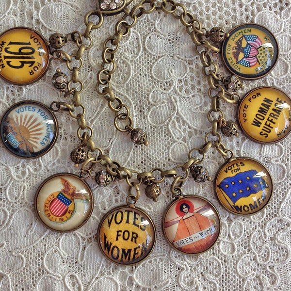 VOTES for WOMEN Charm BRACELET Jewelry Vintage Pin Back Art