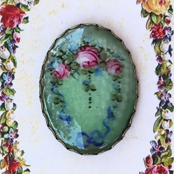 3 Design Choices Pink Roses GLASS DOME Studio BUTTON Vintage Floral Novelty Flower Basket Ribbons Blue Large 30mm x 40mm Oval Celadon Green