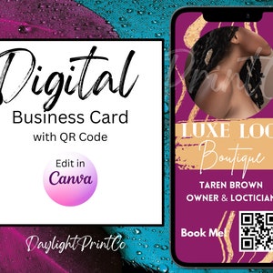 Plantilla de tarjeta de visita digital con código QR, borgoña y oro, plantilla Canva, tarjeta de visita moderna, tarjeta de visita minimalista, estilista
