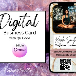 QR コード付きデジタル名刺テンプレート、白い大理石、Canva テンプレート、モダンな名刺、ミニマリスト名刺、ヨガ インストラクター