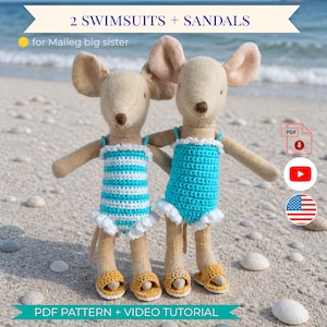 May include: Two stuffed mouse dolls in blue and white striped and solid blue swimsuits with white trim, and yellow sandals. The image includes the text "2 SWIMSUITS + SANDALS" and "PDF PATTERN + VIDEO TUTORIAL".